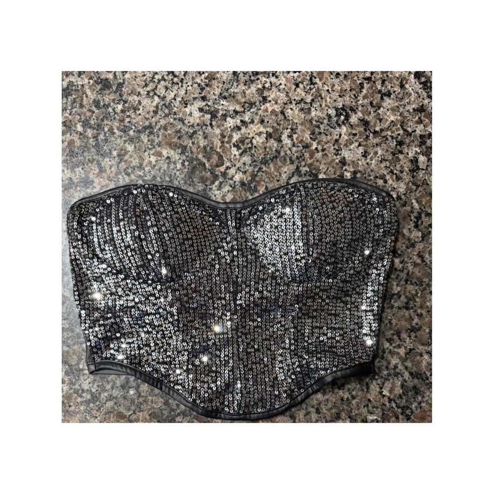 Bozzolo Womens Silver Sequin Corset Tube Top Black Faux Leather Back L HT12590